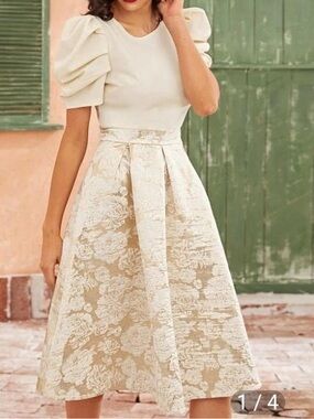 SHEIN Puff Sleeve Jacquard Midi Dress – Cream & Gold Floral